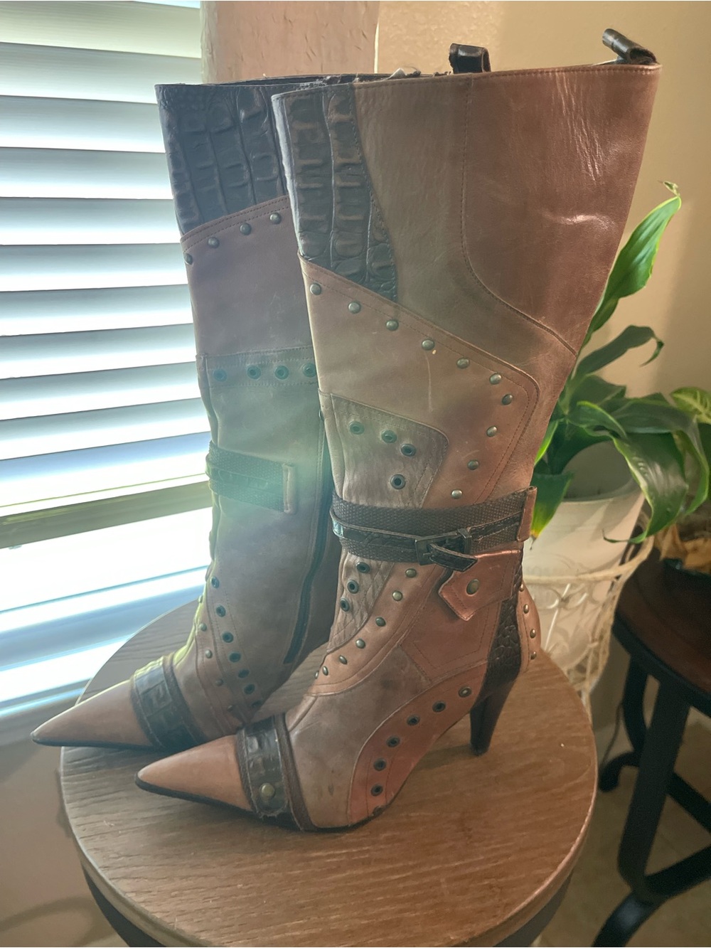 Studded Brown Pointed-Toe Ankle Boots